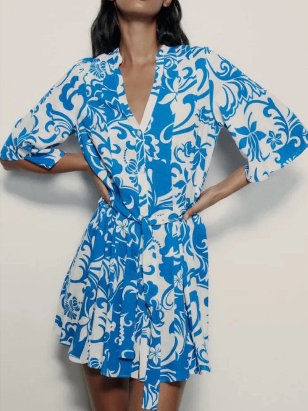 Zara White & Blue Floral Tie-Waist Mini Dress